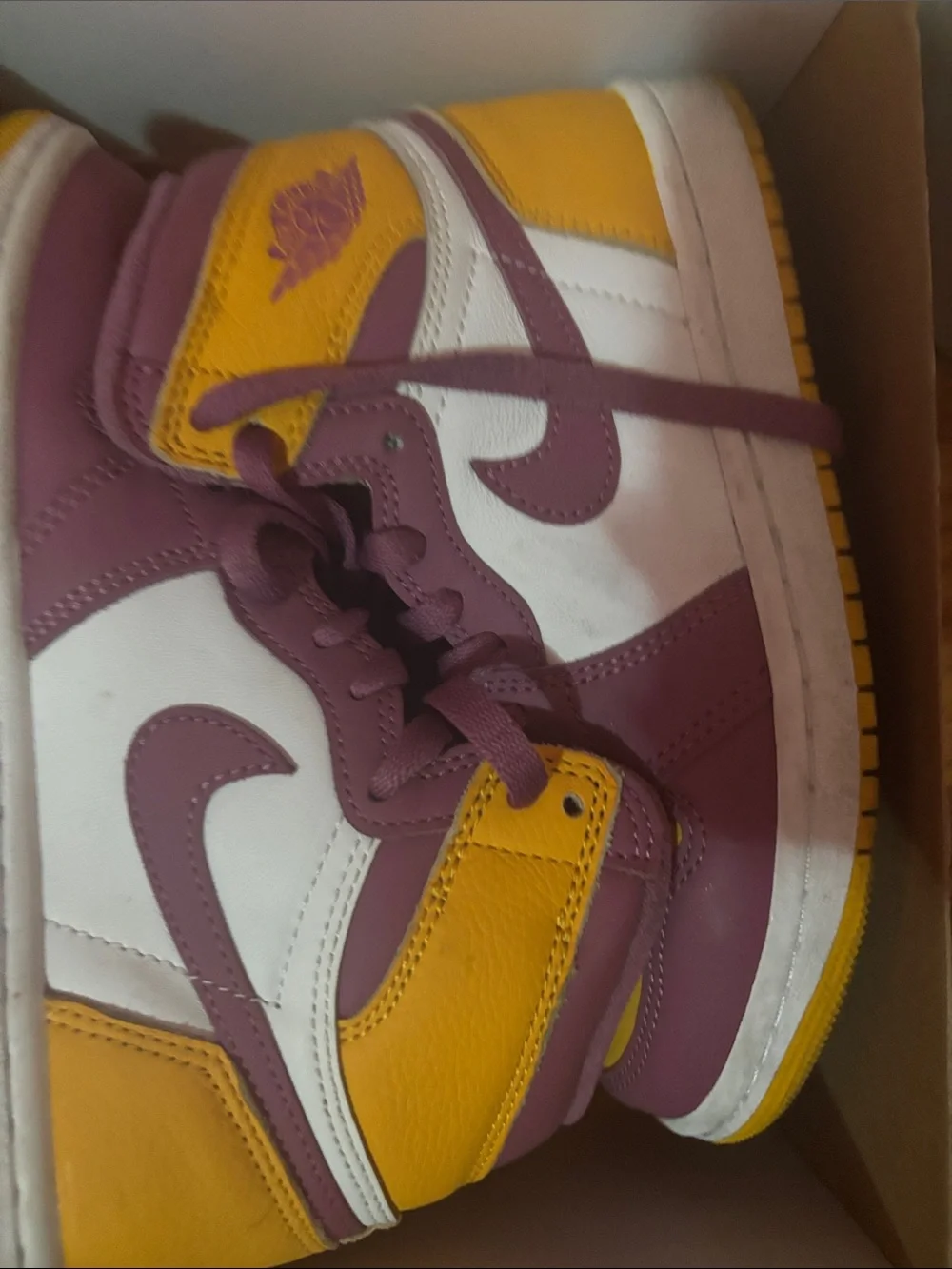 Jordan Kids High-Top Sneakers in White, Purple & Yellow